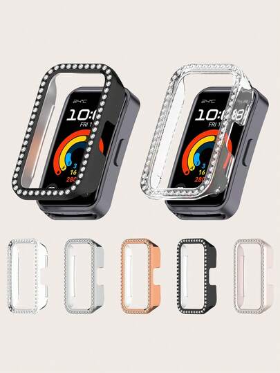 1pc Solid Color Fashion Single Row Rhinestone Half-Covered Hollow PC Smartwatch Protective Case, Compatible With Huawei Band 10/9/8, Can Be Worn All Day