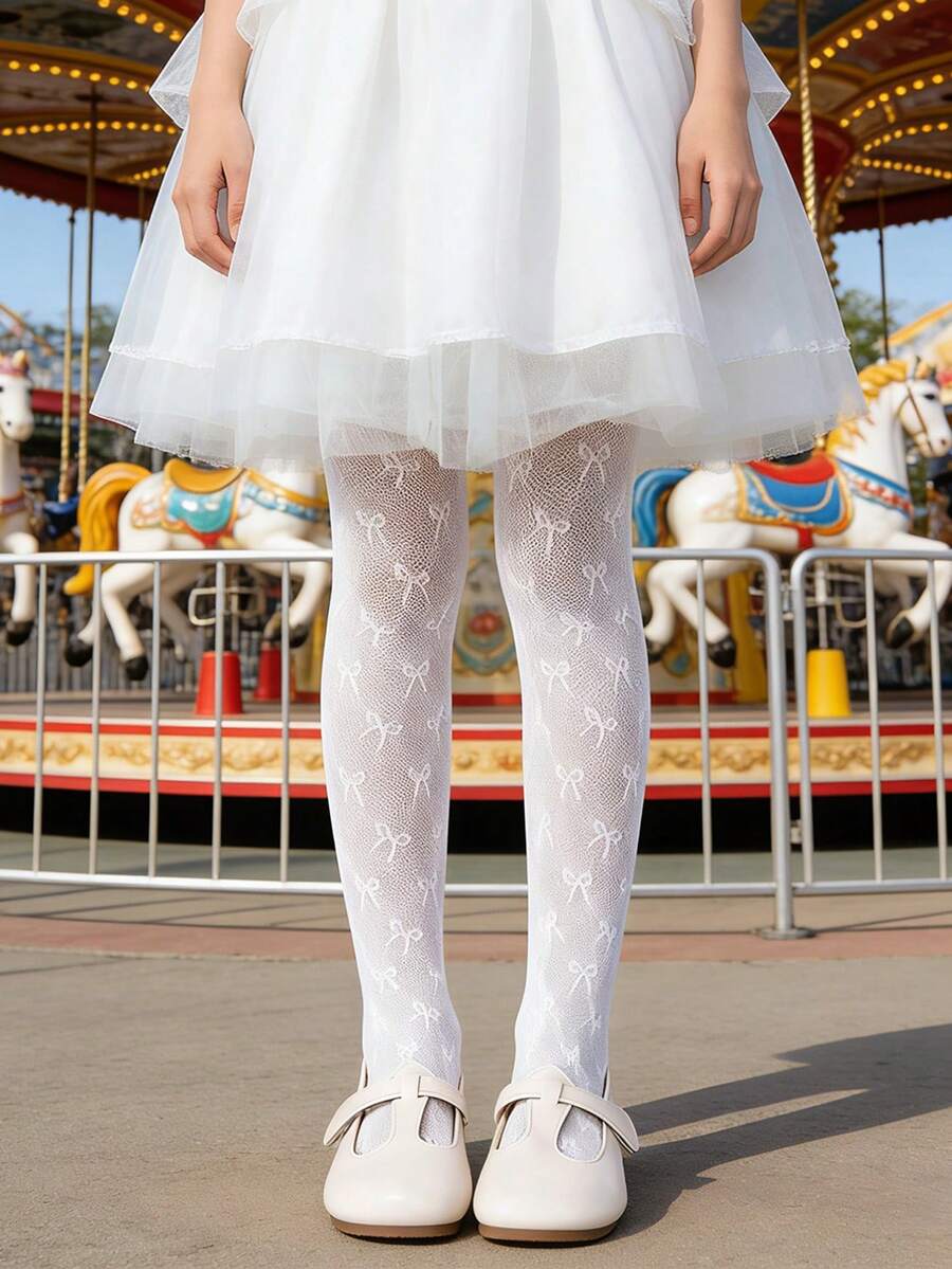 1 chiếc quần tất bé gái có nơ xinh xắn, quần tất mỏng thời trang, thoải mái và đa năng cho biểu diễn sân khấu, ngày lễ, tiệc sinh nhật, ngày Valentine và mặc hàng ngày. - trắng - Xem 1