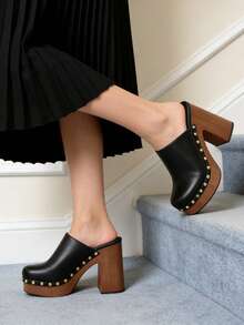 Slingbacks Mules Pumps Suede Slip On Chunky High Heel Slippers Women Rivet Fashion Cosplay Casual Shoes Woman Wedding Day Gift - pu黑色 - 查看 5