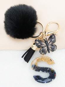 2026 New Style Black Pom Pom Keychain Ornament Perfect Gift For Women & Girls - A-Z Letter Resin Pendant Fashion Bag Car Key Ring Hange Bag Charm Purse Charm Keyring Y2K - Black - View 30