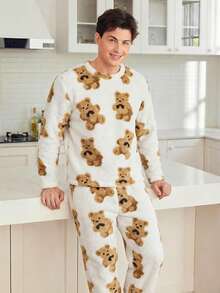 男士两件套保暖抓绒泰迪熊印花睡衣套装，柔软舒适冬季睡衣，可爱泰迪熊设计