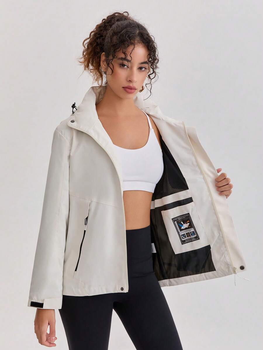 1pc Solid Color Lightweight Windbreaker Jacket, Spring/Autumn Outdoor Sports Hooded Waterproof Windproof Running Hiking Coat White