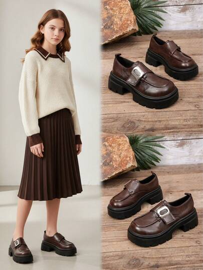 1 Pair Brown Plus Size Teenager Thick Sole Loafers, Solid Color PU Leather, Metal Decor, Minimalist Design, Soft & Comfortable, Round Toe, Lightweight Sole, Casual Fashion Slip-On Suitable For Girls, Students, Gatherings, Dancing, Daily Wear, Spring/Summer New Arrival