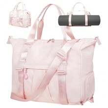 Gym Bag With Yoga Mat Holders, Carry On For Pilates Women & Men With Laptop & Shoe Compartment Large Duffle Travel Weekender Tote With Key Ring Clip Personal Item Workout, Easy To Clean - Pink - 粉色 - 查看 1