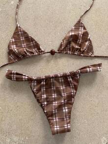 Bộ bikini hai mảnh cổ trễ họa tiết kẻ caro nâu đỏ kiểu retro dành cho nữ, phong cách gợi cảm, thích hợp cho kỳ nghỉ biển, mùa hè xuân 2026. - Nhiều màu - Xem 1