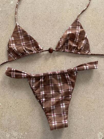女士棕红色格子细条纹比基尼，金属扣装饰，性感度假泳衣，两件式泳衣套装，适合海滩、夏季和春季穿着（2026），生日装、健身服、度假装、外出上衣