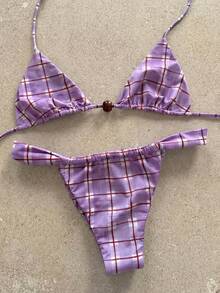 Ladies' Purple And Red Checkered Thin Striped Bikini With Metal Buckle Decoration, Sexy Resort Swimsuit, Two Pieces Swimsuit Set Beach Summer Spring 2026,Birthday Outfits For Women,Gym Wear Women,Elegant Dress Women,Elegant Dress Women,Vacation Outfits Women,Going Out Top - Multicolor - View 1
