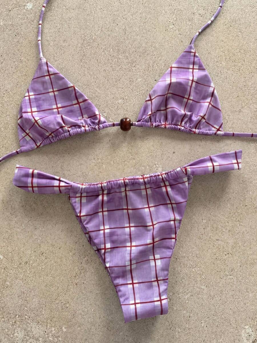 Ladies' Purple And Red Checkered Thin Striped Bikini With Metal Buckle Decoration, Sexy Resort Swimsuit, Two Pieces Swimsuit Set Beach Summer Spring 2026,Birthday Outfits For Women,Gym Wear Women,Elegant Dress Women,Elegant Dress Women,Vacation Outfits Women,Going Out Top - Multicolor - View 1