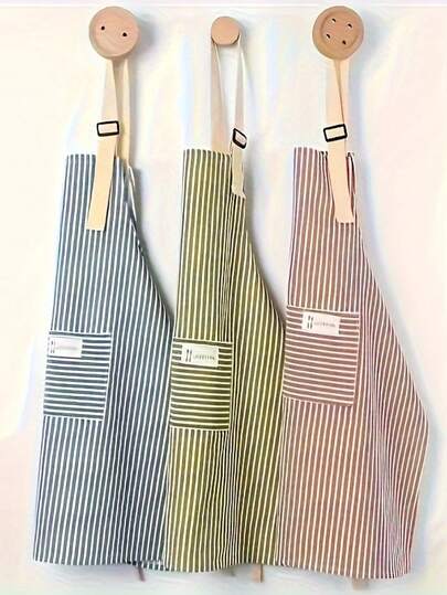 1pc Cotton Linen Striped Apron, Fashionable Breathable Waist Apron For Household Chores, Restaurant, Kitchen Use