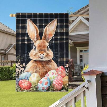 Easter Double Sided Garden Flag 12x18 Inch - Spring Bunnies Eggs Outdoor Decor, Cute Rabbit Polyester Yard Lawn Banner With Floral Patterns, No Pole Included