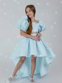 少女浅蓝色泡泡袖拖尾优雅节日派对礼服套装，适合女孩生日派对、情人节礼物、化装舞会礼服、花童婚礼伴娘礼服、学校演出节日庆典礼服，两件套 - 淺藍色 - 查看 4