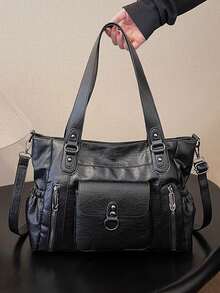 Bolso de hombro de gran capacidad para mujer de unicolor, bolso de mujer de gran capacidad con textura de moda, bolso de mano grande, bolso bandolera personalizado para mujer, adecuado para uso diario y universidad, adecuado para salir, compras, regalos, viajes, ir y venir - Negro - Ver 12