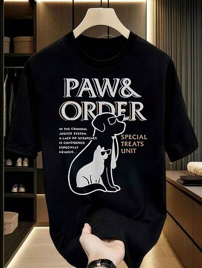 Pata &amp;   Orden "   Camiseta de algodón para hombres - Cuello redondo casual Manga corta con diseño único de perro &amp;   Diseño de estampado de gato. Lavable aáquina - Camiseta gráfica para , tops cortos, camiseta