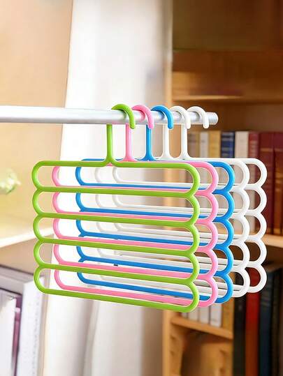 1pc Multi-Functional 5-Tier Plastic Pant Hanger (Green/Blue/White/Pink), Non-Slip & Space-Saving, Suitable For Thin Pants And Scarves Wardrobe Storage Rack