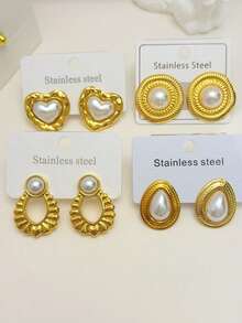 9 Pairs Vintage Luxurious Fashion Gold-Tone Pearl Earrings & Studs, Lightweight Elegant Design With Multiple Pearl Embellishments - Gold - View 11