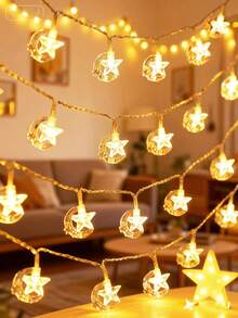 1串星月LED灯串，10/20/40颗LED灯珠，电池供电，适用于室内卧室墙面装饰、庆典装饰星光灯、经典风格、婚礼派对装饰月亮灯、户外星月仙女灯