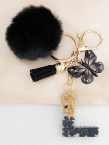 2026 New Style Black Pom Pom Keychain Ornament Perfect Gift For Women & Girls - A-Z Letter Resin Pendant Fashion Bag Car Key Ring Hange Bag Charm Purse Charm Keyring Y2K - Black - View 11