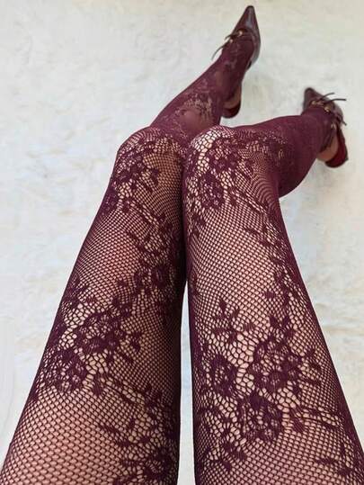 Lolita Sweet Punk Style Ditsy Floral Thigh High Stockings, Sexy Hollow Out Fishnet Tights For Women