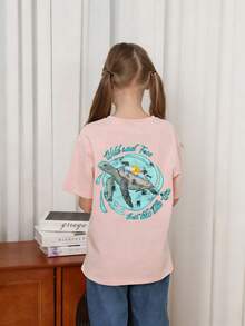 Tween Girls Turtle Graphic Print Crew Neck Short Sleeve T-Shirt Top, Summer - Pink - View 2