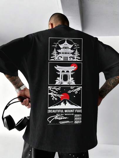 Camiseta de manga corta con estampado minimalista de arquitectura japonesa para hombres, cómoda y transpirable, adecuada para el verano