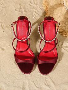 On feet& in love 女士时尚优雅圆头简约绑带水钻链条露趾细高跟凉鞋，百搭连衣裙 - 酒紅色 - 查看 6