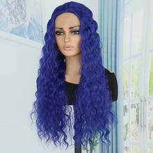 Blue Curly Lace Front Wigs Blue Lace Wig Glueless Hair Long Deep Wave Synthetic Lace Front Wig Pre-Plucked Hairline Red Wigs For Women - 藍色 - 查看 8