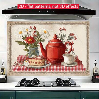 شاشة رذاذ مطبخ مسطحة الأبعاد ذات طراز رجعي مع تصميم إبريق شاي مزهر وزهرة البابونج - مصنوعة من مادة PVC لاصقة قوية، خلفية مربعات حمراء وبيضاء، مثالية لحماية الموقد وديكور فني مطبخي، واقي موقد | ديكور مطبخ رجعي | أدوات مطبخ قوية، ديكورات وإكسسوارات المطبخ