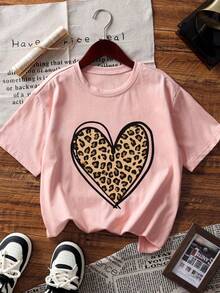 3pcs/Set Tween Girls' Leopard Print & Heart Graphic Short Sleeve T-Shirts, Suitable For Tween GirlsSummer Tops, Young Student Clothing - Multicolor - View 6