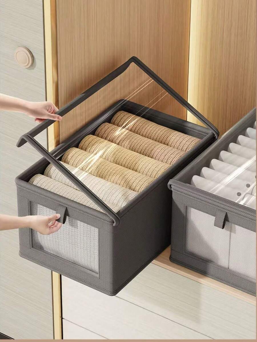 1 pieza Cesta de almacenamiento grande, organizador de armario de tela resistente con ventana transparente, plegable con tapa, adecuado para almacenamiento en el hogar, organización de artículos esenciales del hogar, caja de almacenamiento plegable, caja de almacenamiento de ropa - Beis - Ver 1