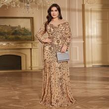 hezixi Elegant High-End Round Neck Plus Size Tulle & Sequin Splice Long Sleeve Gown, Stretchy Fitted Mermaid Style Wedding Party Fall - Champagne - View 11
