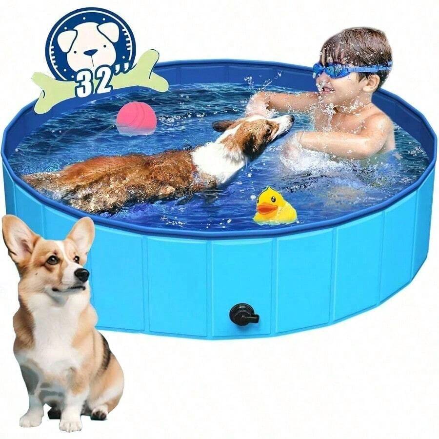 Bañera para Perro Piscina para Perros Alberca Plegable Portátiles PVC Antideslizante y Resistente al Desgaste para Perros Pequeños Medianos y Grandes Gatos y Niños 32" Azul - Azul - Ver 1