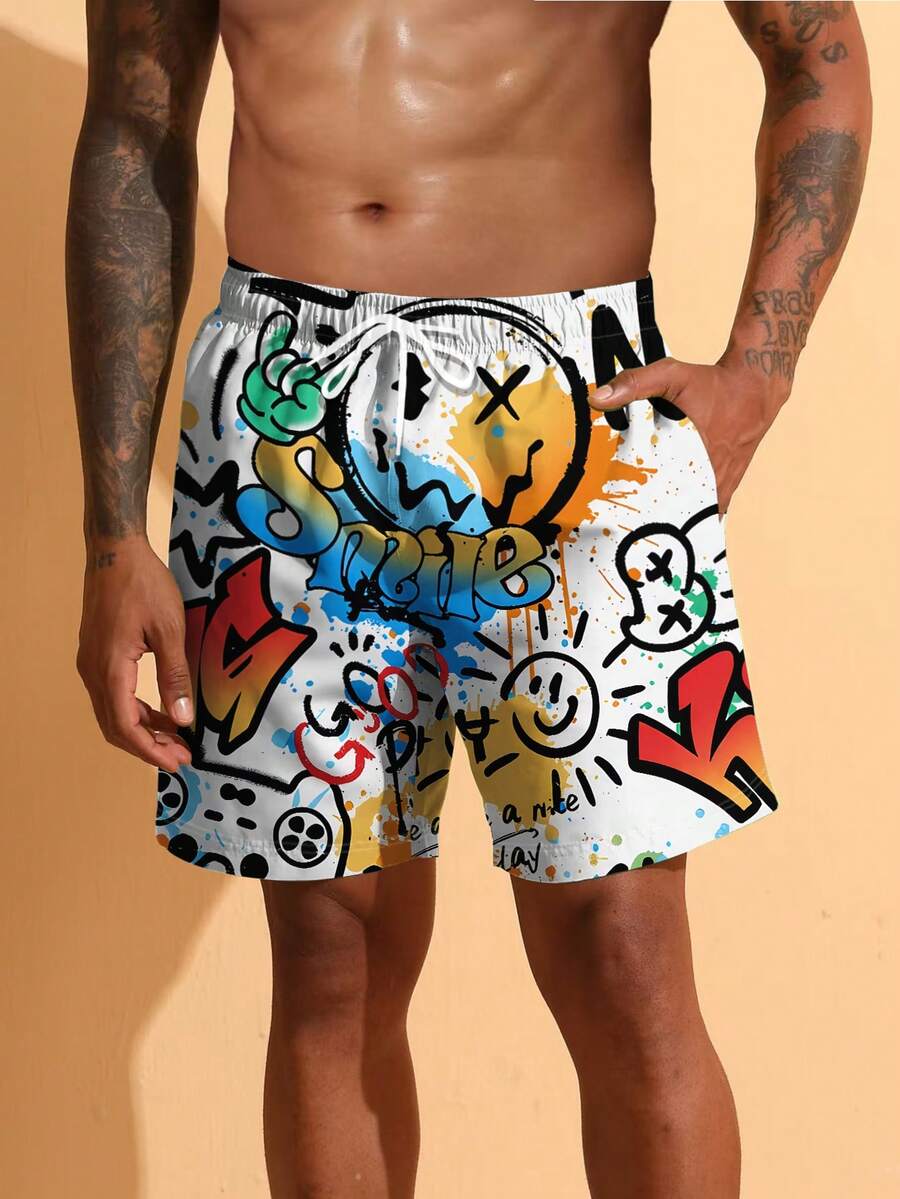 男士沙滩短裤，适合度假游泳，夏季抽绳设计，休闲日常户外度假沙滩短裤，单层无内衬速干夏威夷风情 - 彩色 - 查看 1