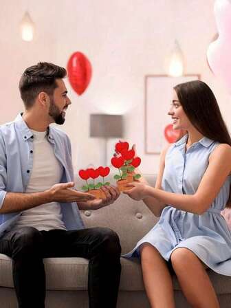 1株心形人造植物，编织花盆装 - 红色涤纶玫瑰，绿叶点缀，是情人节、母亲节、生日和家居装饰的完美之选 - 经久耐用，可作室内/车内/桌面装饰礼品，无需维护，可爱植物装饰