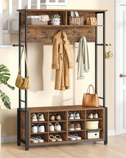 HEXCELEN Coat Rack With Shoe Storage, Hall Tree With Bench For Hallway, 14 Open Compartments, Coat Stand With Adjustable Shelves, 13 Hooks, Top Storage For Living Room, Entrence, Rustic Brown/White Oak