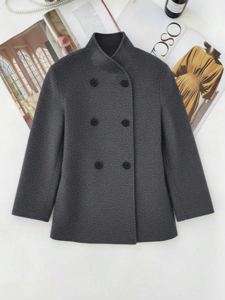 Women's Solid Color Front Button Long Sleeve Casual Wool Overcoat, Elegant, Party, Autumn/Winter - Dark Grey - View 1