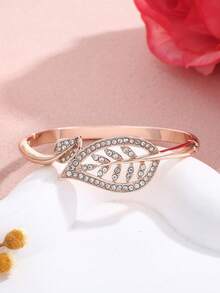 Brazalete de lujo con hoja y cristales, brazalete personalizado con diseño de hojas cruzadas - Dorado - Ver 4