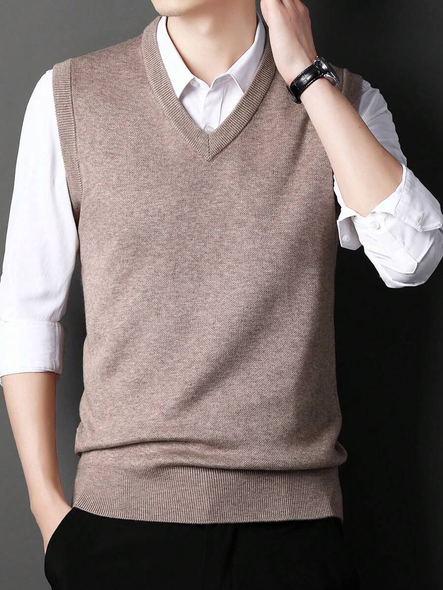 Wear At Home Autumn And Winter Wool Warm Solid Color V-Neck Men's Knitted Vest Ls Suitable For Casua - 駝色 - 查看 1