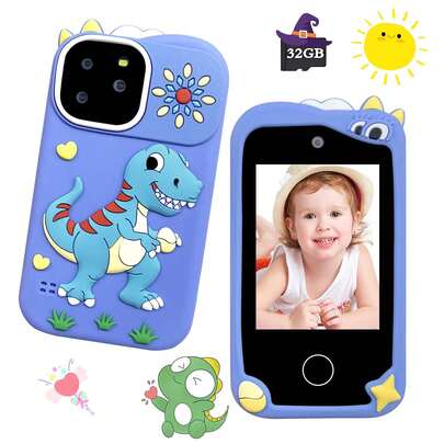 儿童智能玩具手机，配备2.8英寸高清触摸屏、双摄像头，适合男孩和女孩，恐龙主题玩具手机，支持拍照/录像、闪光灯和游戏功能。