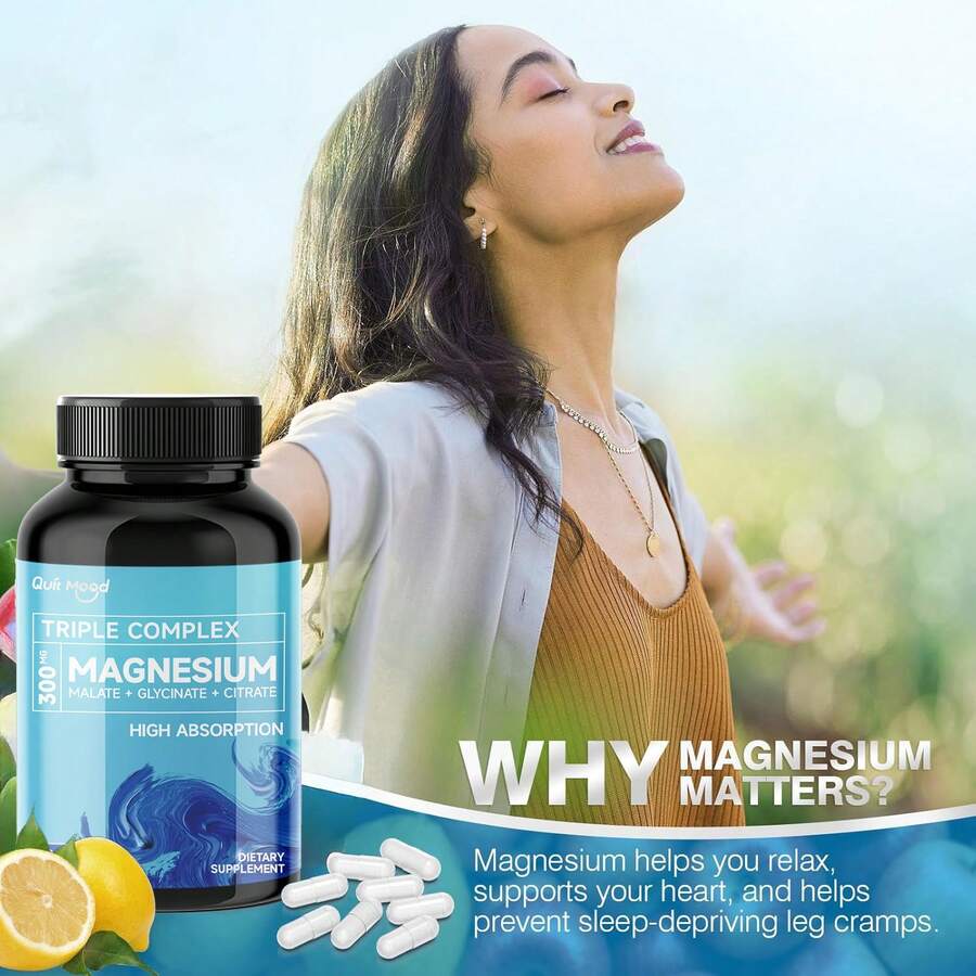 Quit Mood - Triple Magnesium Complex | 300mg Of Magnesium Glycinate, Malate, Citrate For Muscles, Nerves, Energy | High Absorption 90 Capsules Supplement Fitness | 1 Bottle - 90 viên nang - Xem 1