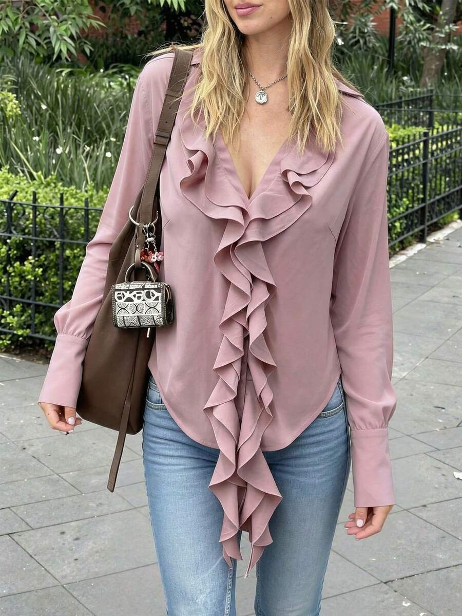 Damen Staubig Rosa V-Ausschnitt Rüschen Bluse, Langarm Lässig Elegante Bluse für den täglichen Gebrauch - Altrosa - Übersicht 1