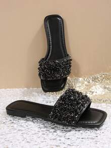 Plus Size Black Faux Pearl Sandals, 2026 Spring & Summer Ramadan New Arrival, Solid Color Square Toe Flat Sandals, Pair With Dresses To Elongate Legs, Fashion Rhinestone Strap Slip-On Sandals, Solid Color Summer Beach Shoes, Non-Slip House Slippers, Girls Flip Flops, Non-Slip Solid Color Fashion PU Leather Faux Pearl