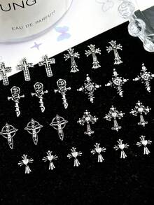 20Pcs Dark Punk Style Alloy Ancient Silver Cross Y2K Nail Charms Rose Heart Retro Cross Goth Nail Art Accessories DIY - Multicolor - View 1