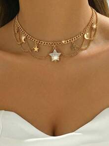 1件时尚星月水钻吊坠项链，配金色流苏链，适合日常、约会、派对等场合。 - 彩色 - 查看 3