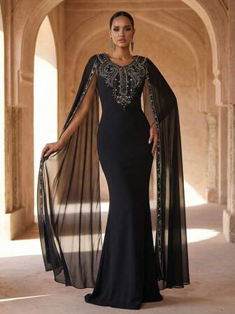 Old Money Luxury Dubai Arabian Style Elegant Glamorous Women's All-Season Bodycon Mermaid Slim Fit Chiffon Evening Gown Maxi Dress Formal Dress Party Dress Cape Dress One-Piece Frock With Beaded Sequined Neckline Sheer Cape Sleeves Floor Length Modest Design For Wedding Guest Prom Gala Banquet Red Carpet Black Tie Event
