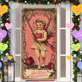 1 "Be My Valentine" Holiday Banner-Charming Cupid And Rose Vine Design, Very Suitable For Indoor/Outdoor Valentine's Day Celebration, Party And Entrance Door Decoration, Valentine's Day Decoration.