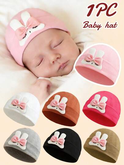 1pc Newborn Baby Lightweight Bow Bunny Decor Soft Beanie Hat, Fashionable Cute & Sweet, Practical Breathable, Suitable For 0-3 Months Infants Daily Wear And Outdoor, Can Be Used As Birthday Gift, All Seasons