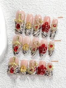 10 Peças Adesivos de Unhas Estilo Palácio Requintado, Varinha Dourada com Strass Vermelho Cintilante, Floral de 5 Pétalas Vermelhas Pintadas à Mão, Coração Entalhado em Rosa, Decoração de Unhas em Cruz Dourada, Arte de Unhas com Listras Pontilhadas Pretas, Esmalte Branco, Inclui Ferramentas de Unhas (1 Adesivo de Gelatina + 1 Lixa de Unhas), 3 Opções de Tamanho - Multicolorido - Visão 1