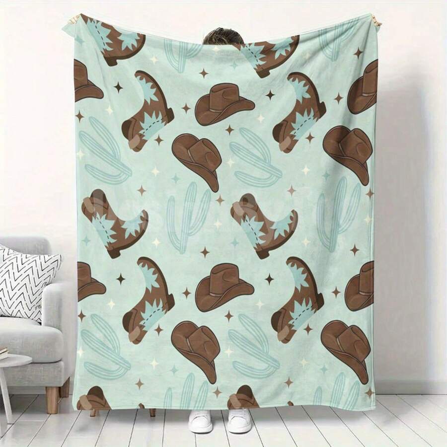 Retro Western Cowboy Theme, Cowboy Boots, Cowboy Hats, Cacti, Feather Design Patterns, Modern Home Style,Super Soft Flannel Printed  Blanket,As Birthday Gifts, Family, Wedding, Souvenir Blankets, Polyester Blankets Suitable For All Seasons, Washable, Machine Washable, Lightweight, Breathable, Comfortable, Warm, Unique, 280gsm For Him, Her Personalized Ideal Gifts For Her, Him, Family, Boyfriend, Girlfriend, Father, Family, Mother, Lover, Daughter, Son, Grandfather, Grandmother, Teacher,Doctor, Nurse,Friend, Classmate, Pet.Perfect Nap, Camping, Travel, Home, Daily Life, Office Decoration, Birthday, Anniversary, Valentine's Day, Thanksgiving, Graduation Season,Christmas, Halloween, Mother's Day, Father's Day, Wedding, New Year Gifts ,Sofa,Bed,Car,Bedroom,Living Room,Office,  Outdoor Camping, Beach,Wall Decoration - 多色27 - 查看 1