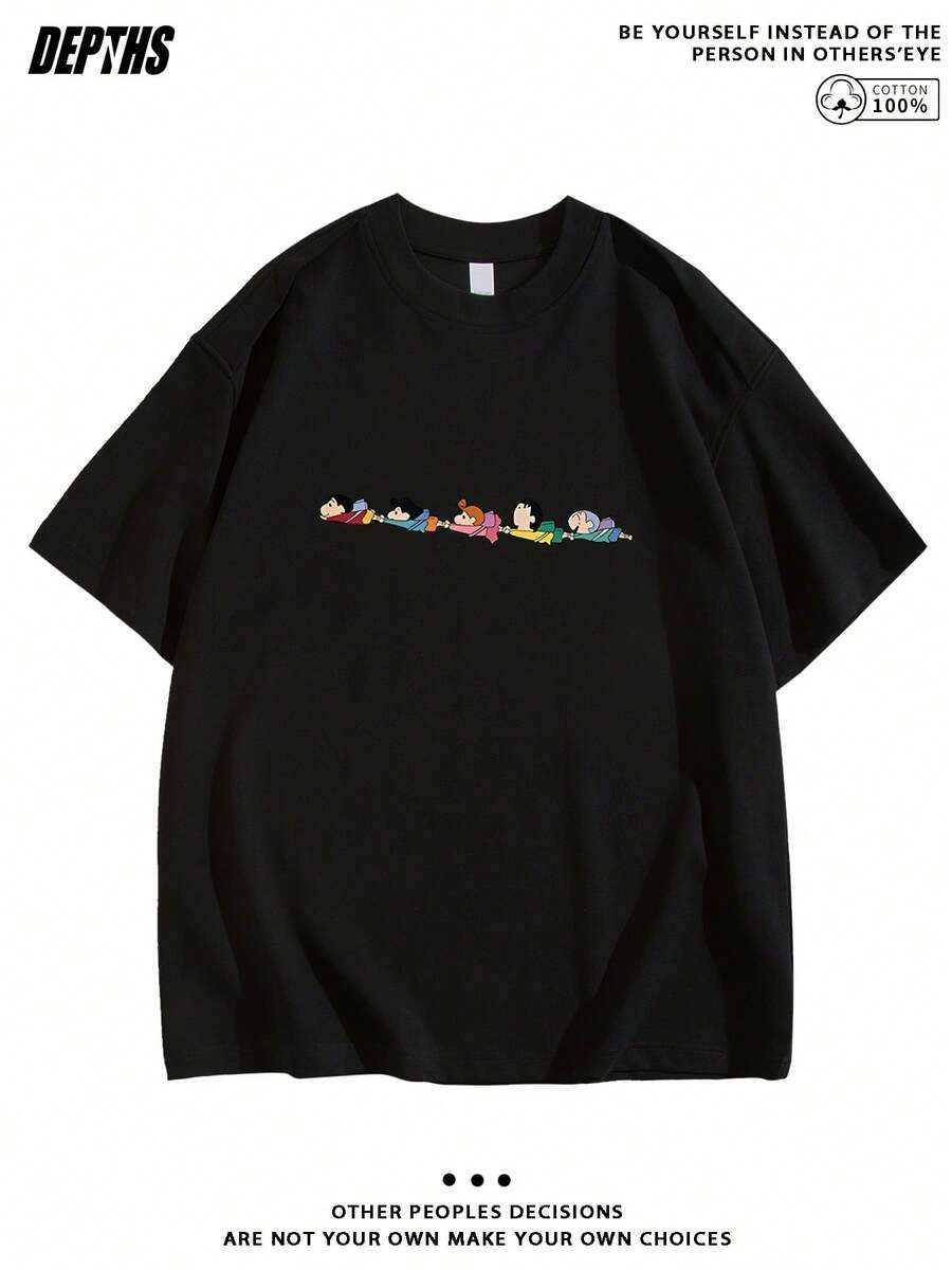 Camiseta de cuello redondo con patrón creativo de dibujos animados, de algodón puro, moda de verano de manga corta, estilo casual para salidas diarias - Negro - Ver 1