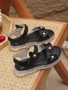 1双夏季女婴花朵图案魔术贴软底平底凉鞋（尺码偏小） - 黑色 - 查看 4